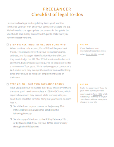 sample freelancer checklist of legal to dos template
