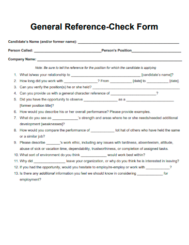 sample general reference check form template