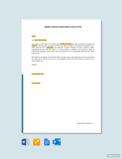 sample grant application rejection letter template