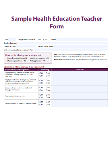 sample health education teacher form template
