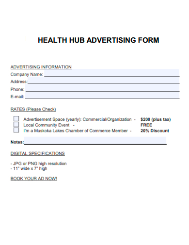sample health hub advertising form template