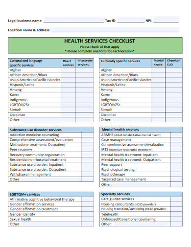sample health services checklist template
