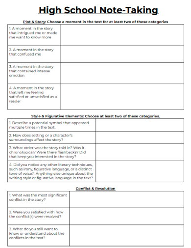sample high school note taking form template