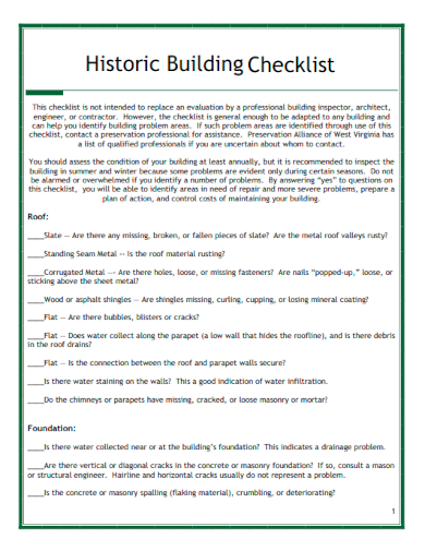 sample historic building checklist template