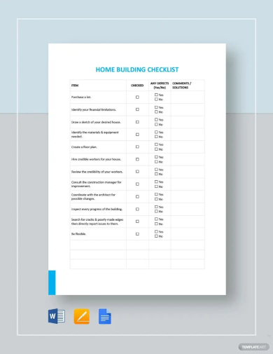 sample home building checklist template