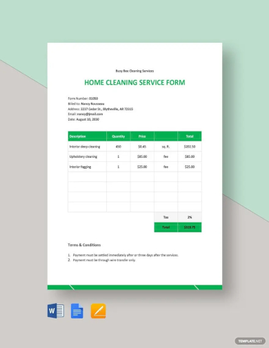 sample home cleaning service form template