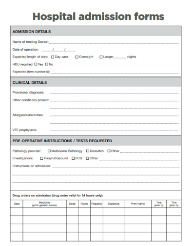 sample hospital admission form template