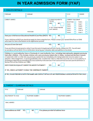 sample in year admission form template
