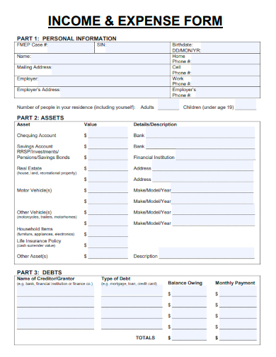 sample income and expense blank form template