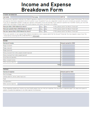 sample income and expense breakdown form template
