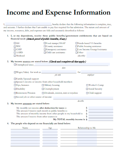 sample income and expense information form template