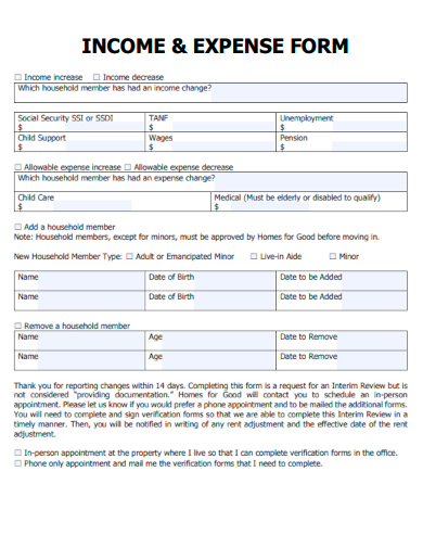 sample income and expense standard form template