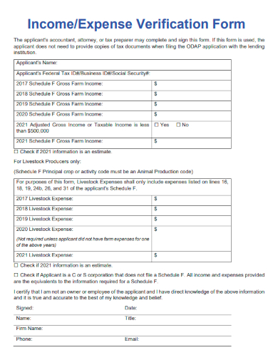 sample income and expense verification form template