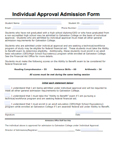 sample individual approval admission form template