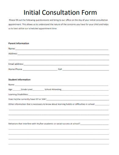 sample initial consultation form template