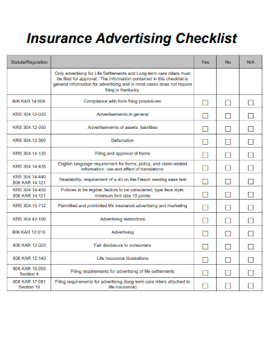 sample insurance advertising checklist template