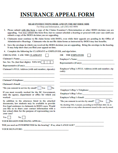 sample insurance appeal form template