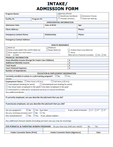 sample intake admission form template