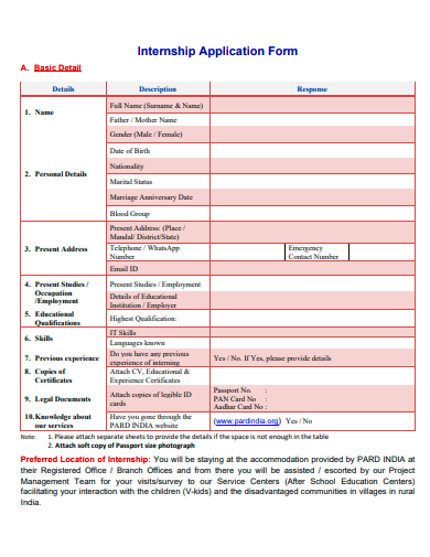 sample internship application form template