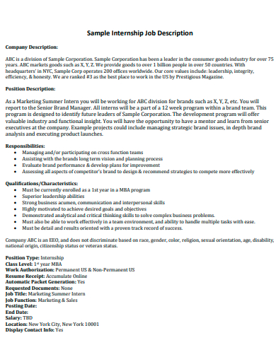 sample internship job description template