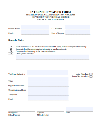 sample internship waiver form template