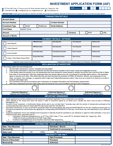 sample investment application form template