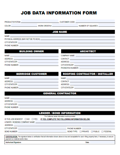 sample job data information form template