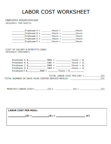 sample labor cost worksheet template