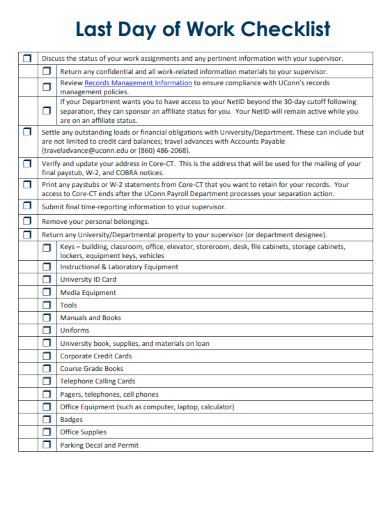 sample last day work editable checklist template