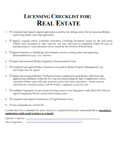 sample licensing real estate checklist template