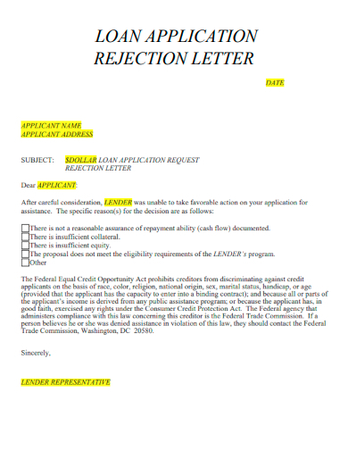 sample loan application rejection letter template