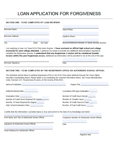 sample loan application for forgiveness template