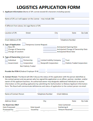 sample logistic application form template