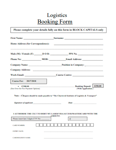 sample logistics booking form template