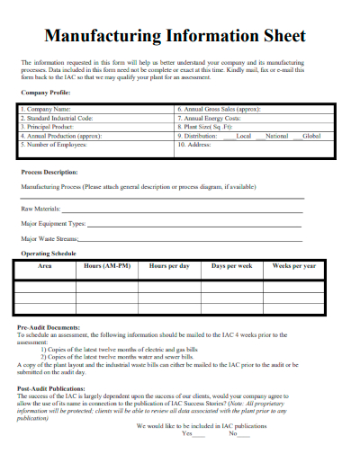 sample manufacturing information sheet template