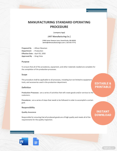 sample manufacturing standard operating procedure template