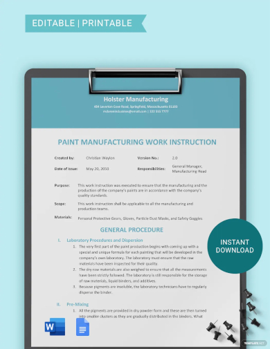 sample manufacturing work instruction template
