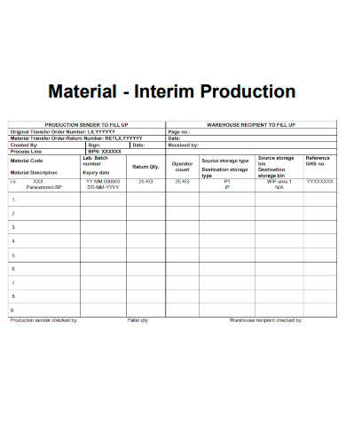 sample material interim production template