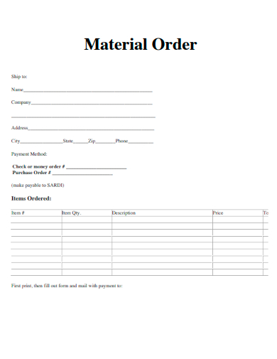 sample material order template