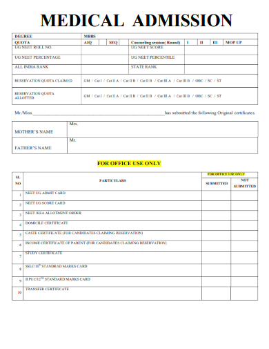 sample medical admission form template