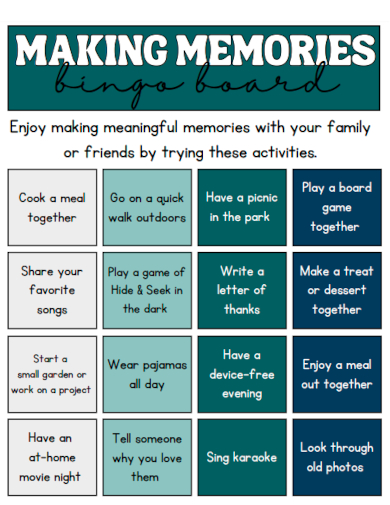 sample memories bingo board templates