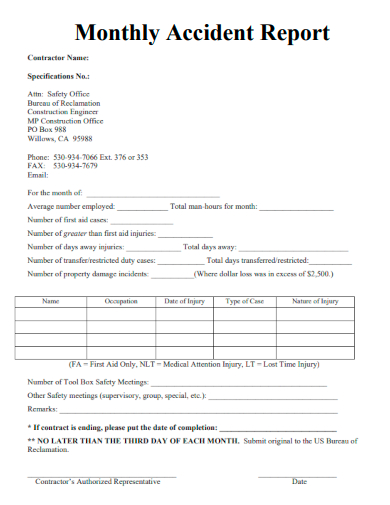 sample monthly accident report form template