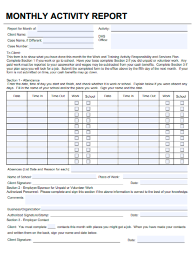 sample monthly activity report template