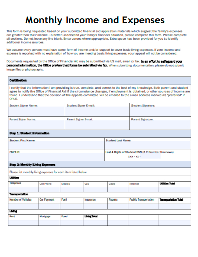 sample monthly income and expenses form template