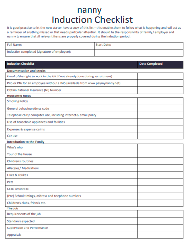 sample nanny induction checklist template