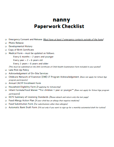 sample nanny paperwork checklist template
