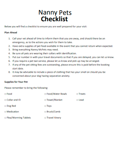sample nanny pet checklist template
