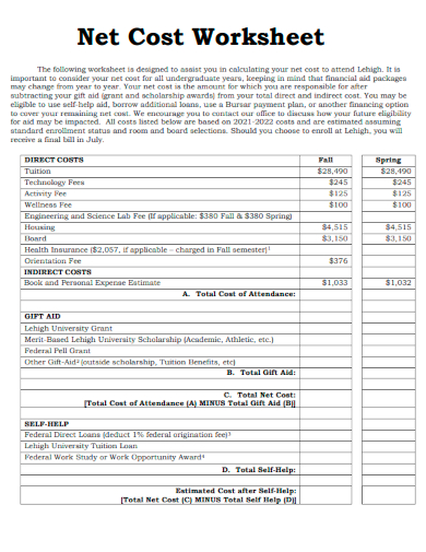 sample net cost worksheet template