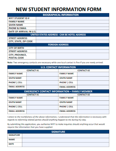 sample new student information form template