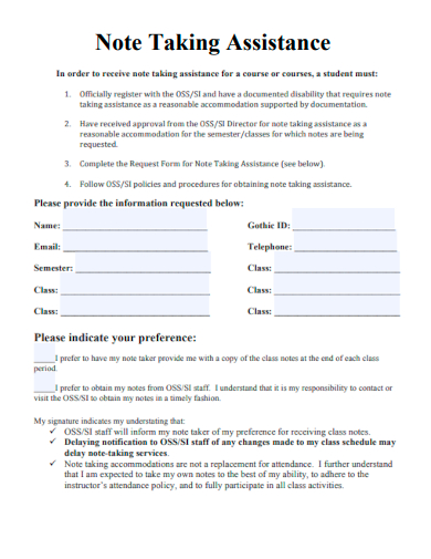 sample note taking assistance form template